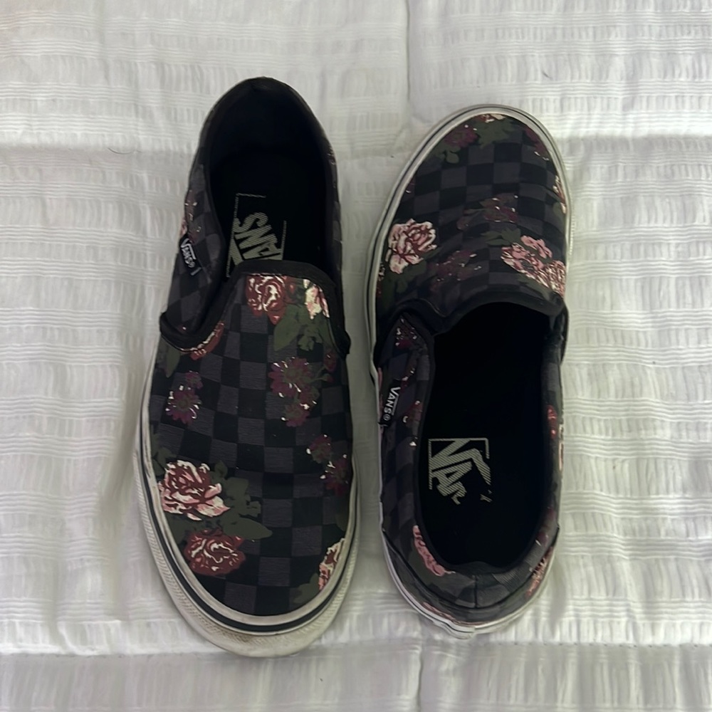 Dark Checkered and Floral Print Slip-on Vans